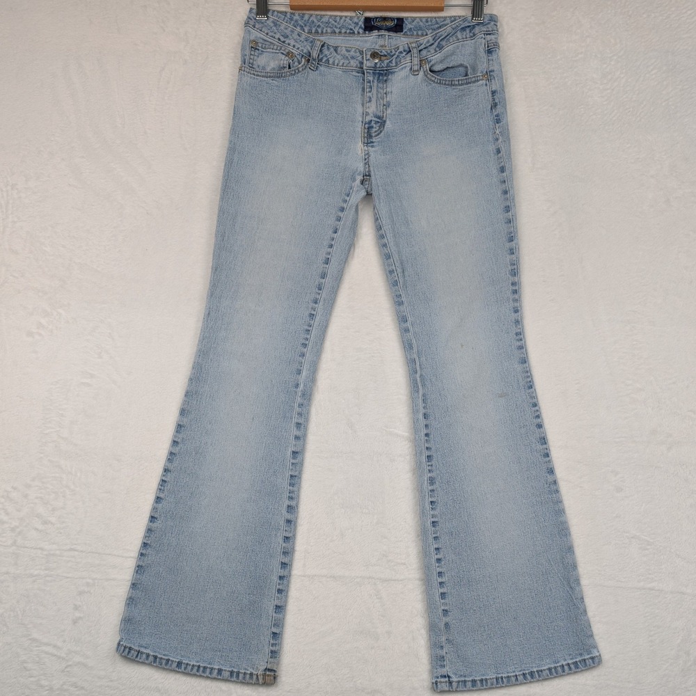 VTG Angels Jeans Women 25x28 Ice Blue Light Ultra Low Rise Flare Bell Bottom Y2K